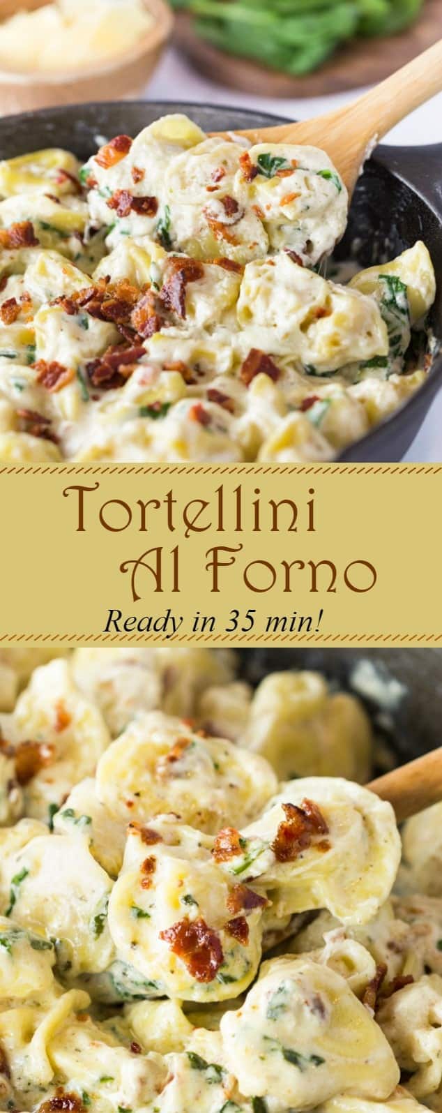 This Tortellini Al Forno features stuffed tortellini tossed in a rich and creamy garlic cheese sauce and topped with crumbled bacon. | The Cozy Cook | #Tortellini #Pasta #OliveGarden #AlForno #Dinner, #Cheese #Parmesan #Bacon #Dinner #ComfortFood #CreamSauce