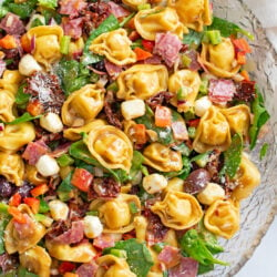 Tortellini Pasta Salad in a glass bowl with spinach, salami, mozzarella, and more.