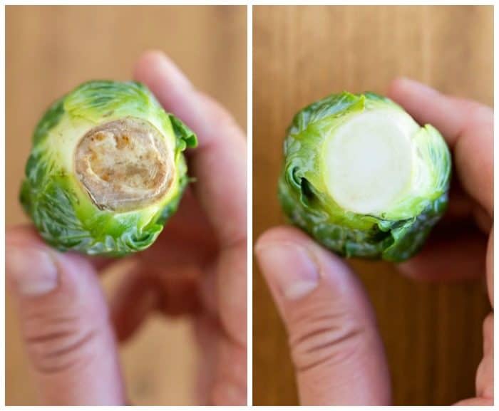 Bottom of a brussels sprout before and after having the stem trimmed.