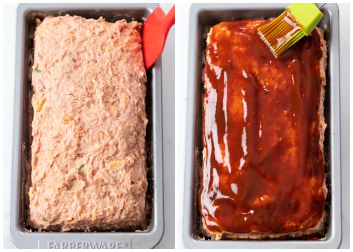 Turkey Meatloaf in a pan being topped with glaze before baking.