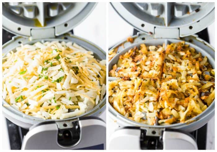 Hash browns before and after being cooked in the waffle iron.