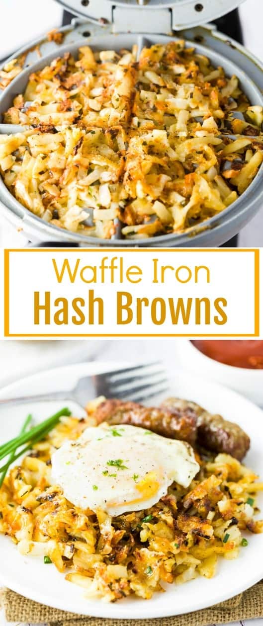 Extra crispy, perfectly golden hash browns combined with onions, cheese, and chives and cooked in just minutes right in your waffle iron! | The Cozy Cook | #hashbrowns #breakfast #potatoes #waffleiron #brunch #comfortfood #sidedish