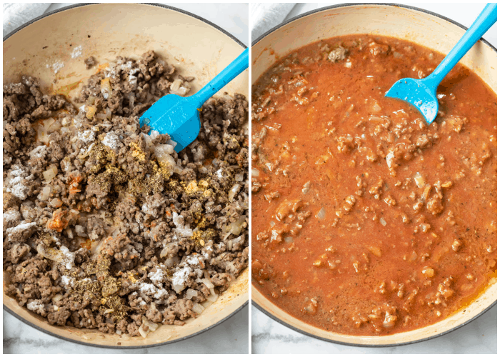 Cooking ground beef and adding tomato sauce for Creamy Beef and Shells