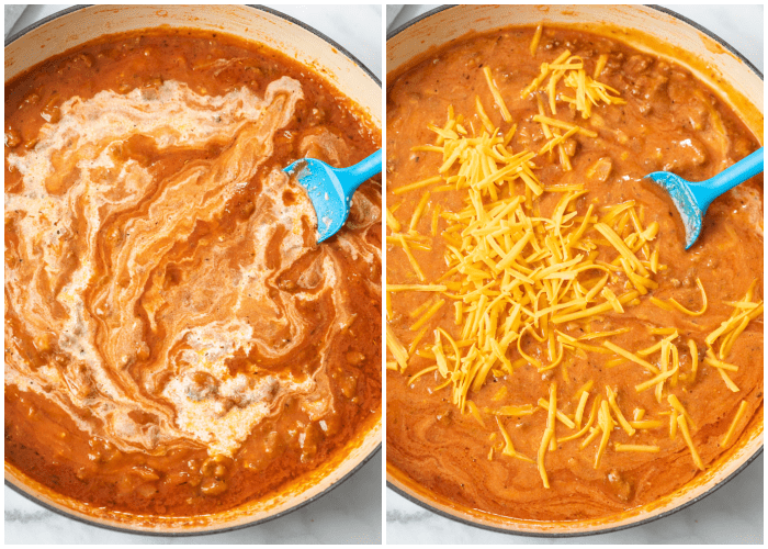 Mixing cream and cheese into tomato sauce for Creamy Beef and Shells.