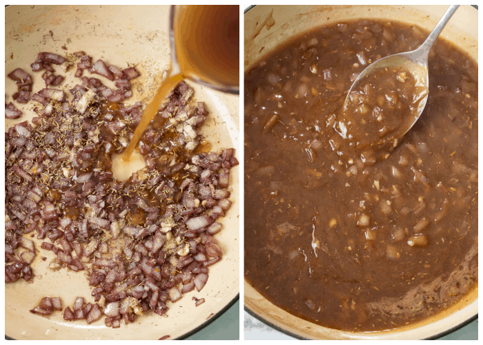 Adding beef broth and seasonings to softened wine and onions to make beef tips and gravy.