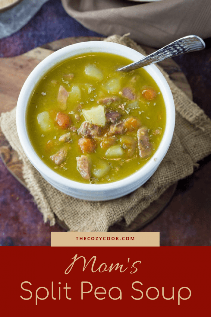 Carrots, onions, potatoes, split peas ham blend perfectly together in this rich and flavorful split pea soup recipe that comes straight from mom! | The Cozy Cook | #soup #peas #comfortfood #ham #peasoup